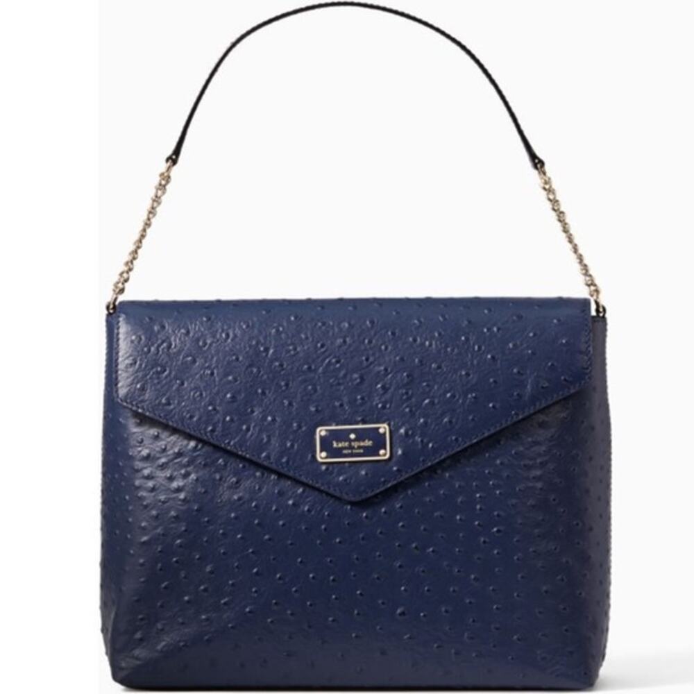 Kate Spade NEW Ostrich Embossed Leather Leena Bag French Navy Shoulder Purse NWT